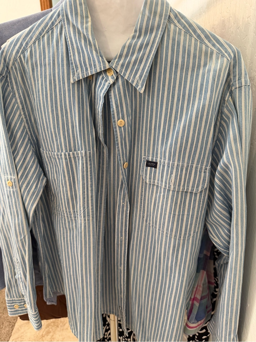 Lauren Ralph Lauren Light Blue and White Striped Button-Down Shirt